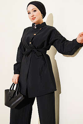 Çapraz Gold Düğmeli Kuşaklı İkili Takım Siyah - İkili Takım