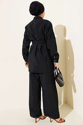 Çapraz Gold Düğmeli Kuşaklı İkili Takım Siyah - İkili Takım