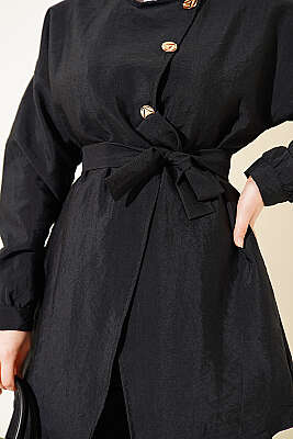 Çapraz Gold Düğmeli Kuşaklı İkili Takım Siyah - İkili Takım