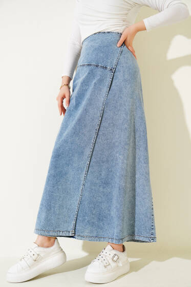 Çapraz Kapaklı Kot Etek Kot - Uzun Etek