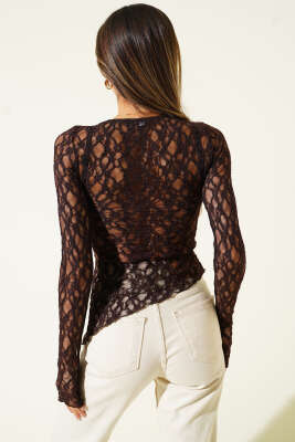 Çapraz Kesim Dantelli Bluz Kahve - Kadın Giyim Modelleri
