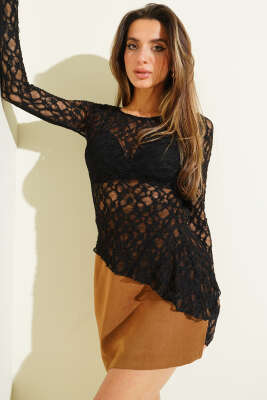 Çapraz Kesim Dantelli Bluz Siyah - Kadın Giyim Modelleri