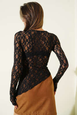 Çapraz Kesim Dantelli Bluz Siyah - Kadın Giyim Modelleri
