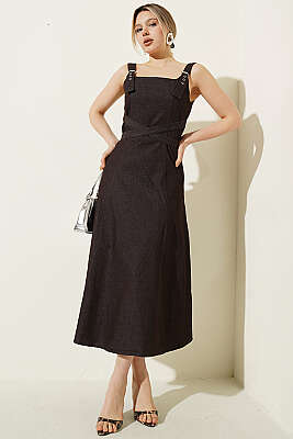 Çapraz Kuşaklı Askılı Kot Elbise Kahve - LEVURE