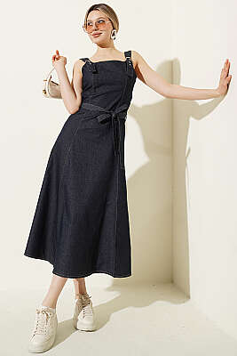 Çapraz Kuşaklı Askılı Kot Elbise Lacivert - LEVURE