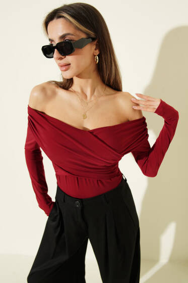 Çapraz Madonna Yaka Sandy Bluz Bordo - Kadın Giyim Modelleri