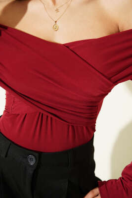 Çapraz Madonna Yaka Sandy Bluz Bordo - Kadın Giyim Modelleri