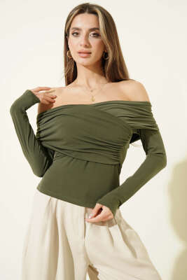 Çapraz Madonna Yaka Sandy Bluz Haki - Kadın Giyim Modelleri