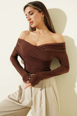 Çapraz Madonna Yaka Sandy Bluz Kahve - LUSTRİN
