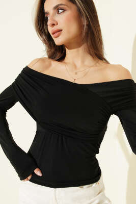 Çapraz Madonna Yaka Sandy Bluz Siyah - LUSTRİN