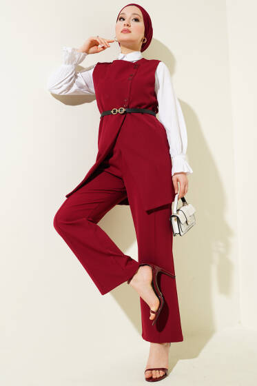 Çapraz Mini Düğmeli Yelekli Kemerli İkili Takım Bordo - İkili Takım