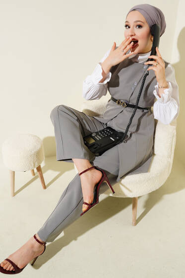 Çapraz Mini Düğmeli Yelekli Kemerli İkili Takım Gri - İkili Takım