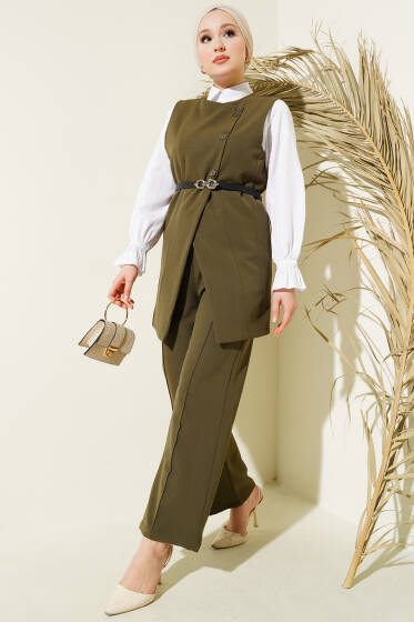 Çapraz Mini Düğmeli Yelekli Kemerli İkili Takım Haki - İkili Takım