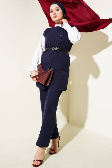 Çapraz Mini Düğmeli Yelekli Kemerli İkili Takım Lacivert - İkili Takım