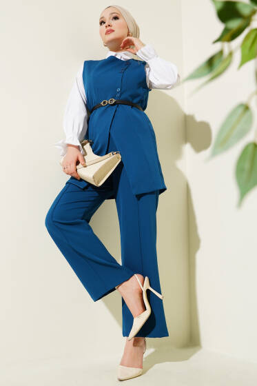 Çapraz Mini Düğmeli Yelekli Kemerli İkili Takım Petrol - İkili Takım