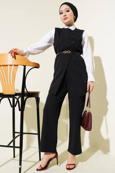 Çapraz Mini Düğmeli Yelekli Kemerli İkili Takım Siyah - İkili Takım