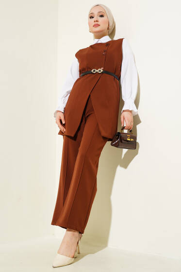 Çapraz Mini Düğmeli Yelekli Kemerli İkili Takım Taba - İkili Takım