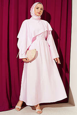 Çapraz Omuz Pelerinli Etekli İkili Takım Pembe - NEVA MODA