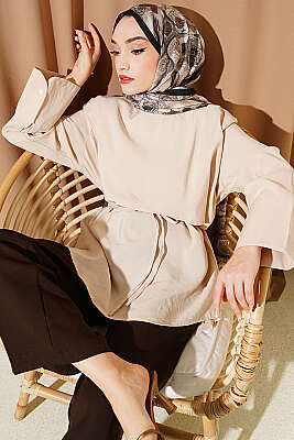 Çapraz Pelerinli Modal Tunik Bej - VAV TEKSTİL