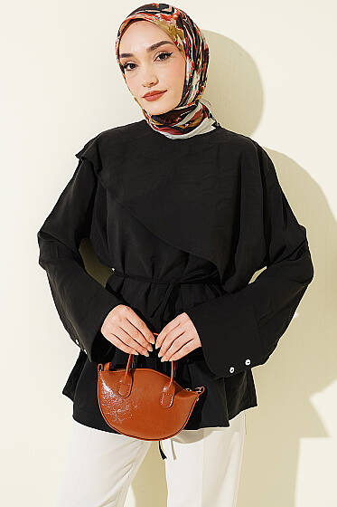Çapraz Pelerinli Modal Tunik Siyah - Tunik