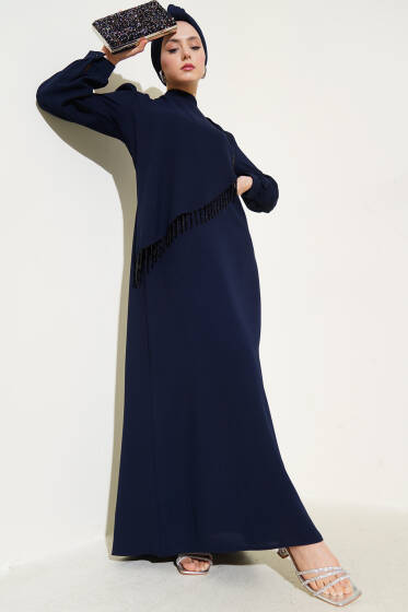 Çapraz Taş Detaylı Büyük Beden Elbise Lacivert - Elbise