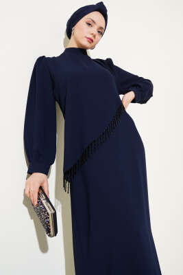 Çapraz Taş Detaylı Büyük Beden Elbise Lacivert - Tesettür Elbise