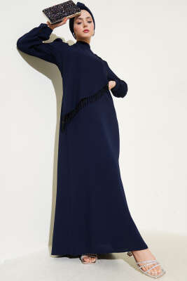 Çapraz Taş Detaylı Büyük Beden Elbise Lacivert - Tesettür Elbise