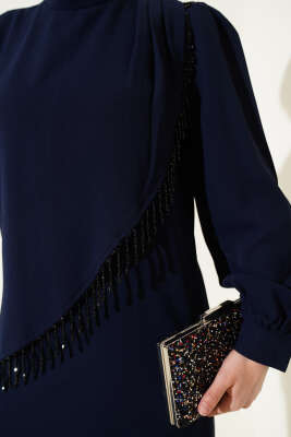 Çapraz Taş Detaylı Büyük Beden Elbise Lacivert - Tesettür Elbise