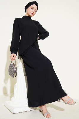 Çapraz Taş Detaylı Büyük Beden Elbise Siyah 