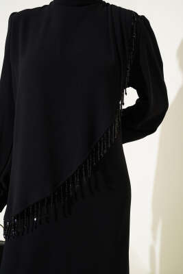 Çapraz Taş Detaylı Büyük Beden Elbise Siyah - Tesettür Elbise