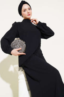 Çapraz Taş Detaylı Büyük Beden Elbise Siyah - Tesettür Elbise