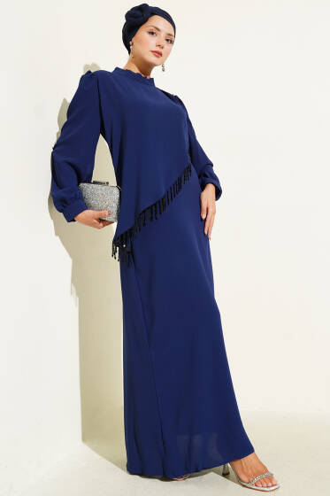 Çapraz Taş Süslemeli Abiye Elbise Lacivert - Abiye Elbise