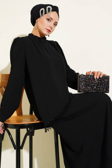 Çapraz Taş Süslemeli Abiye Elbise Siyah - Abiye Elbise