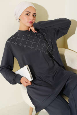 Çapraz Taş Süslemeli İkili Takım Füme - İkili Takım