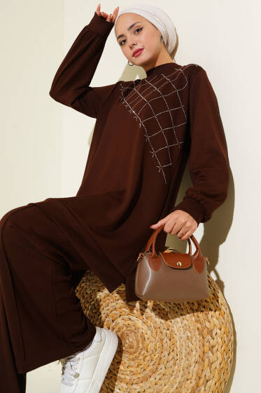 Çapraz Taş Süslemeli İkili Takım Kahve - İkili Takım