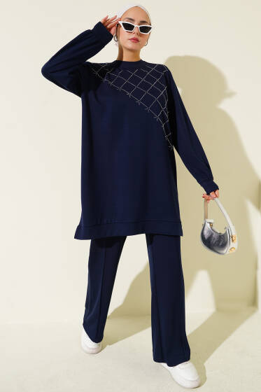 Çapraz Taş Süslemeli İkili Takım Lacivert - İkili Takım