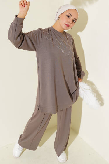 Çapraz Taş Süslemeli İkili Takım Vizon - İkili Takım