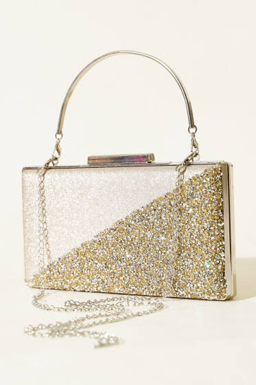 Çapraz Taşlı Dikdörtgen Abiye Çanta Bej - Kol Çantası