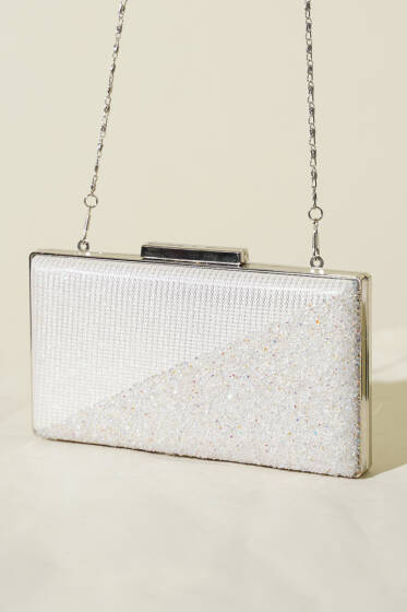 Çapraz Taşlı Dikdörtgen Abiye Çanta Beyaz - Kol Çantası