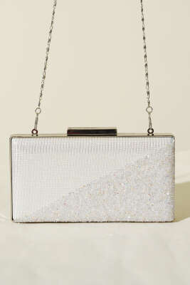 Çapraz Taşlı Dikdörtgen Abiye Çanta Beyaz - Kol Çantası