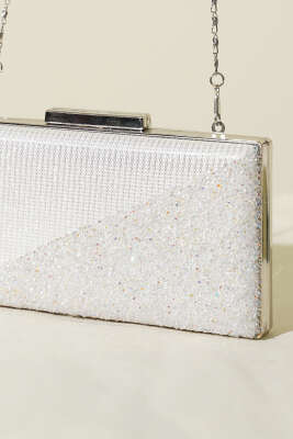 Çapraz Taşlı Dikdörtgen Abiye Çanta Beyaz - Kol Çantası