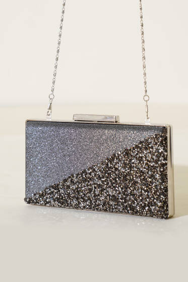 Çapraz Taşlı Dikdörtgen Abiye Çanta Füme - Kol Çantası