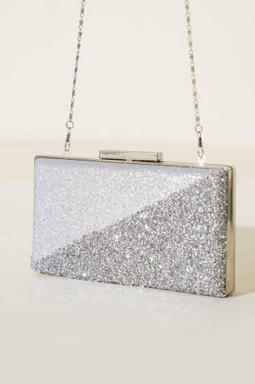 Çapraz Taşlı Dikdörtgen Abiye Çanta Gümüş - Kol Çantası