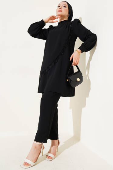 Çapraz Taşlı Tunik İkili Takım Siyah - İkili Takım