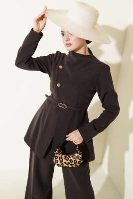 Çapraz Üç Düğmeli Modal İkili Takım Acı Kahve - HEWES