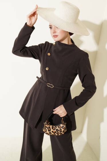 Çapraz Üç Düğmeli Modal İkili Takım Acı Kahve - İkili Takım