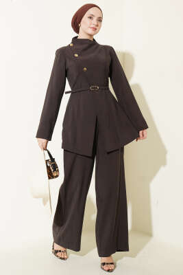 Çapraz Üç Düğmeli Modal İkili Takım Acı Kahve - İkili Takım