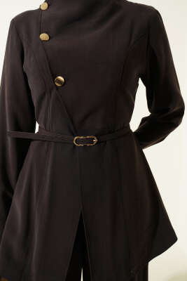 Çapraz Üç Düğmeli Modal İkili Takım Acı Kahve - İkili Takım