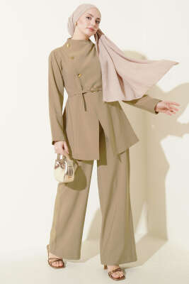 Çapraz Üç Düğmeli Modal İkili Takım Bej - HEWES