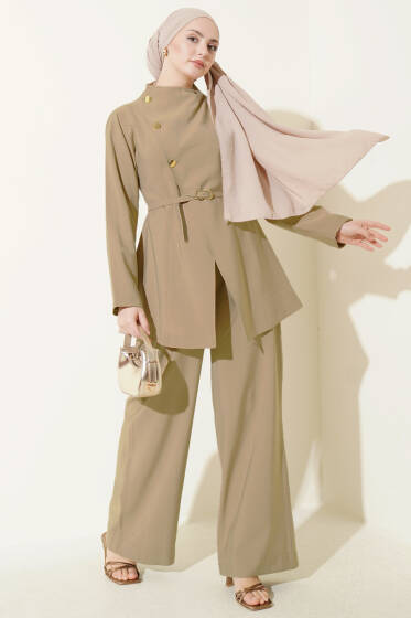 Çapraz Üç Düğmeli Modal İkili Takım Bej - İkili Takım